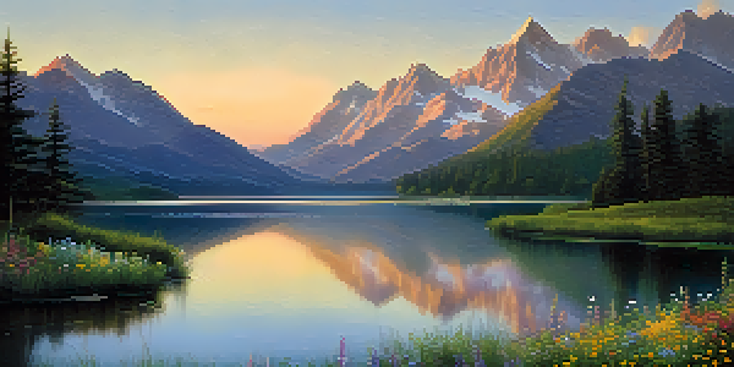 A tranquil mountain landscape with a reflective lake and wildflowers in the foreground during golden hour.