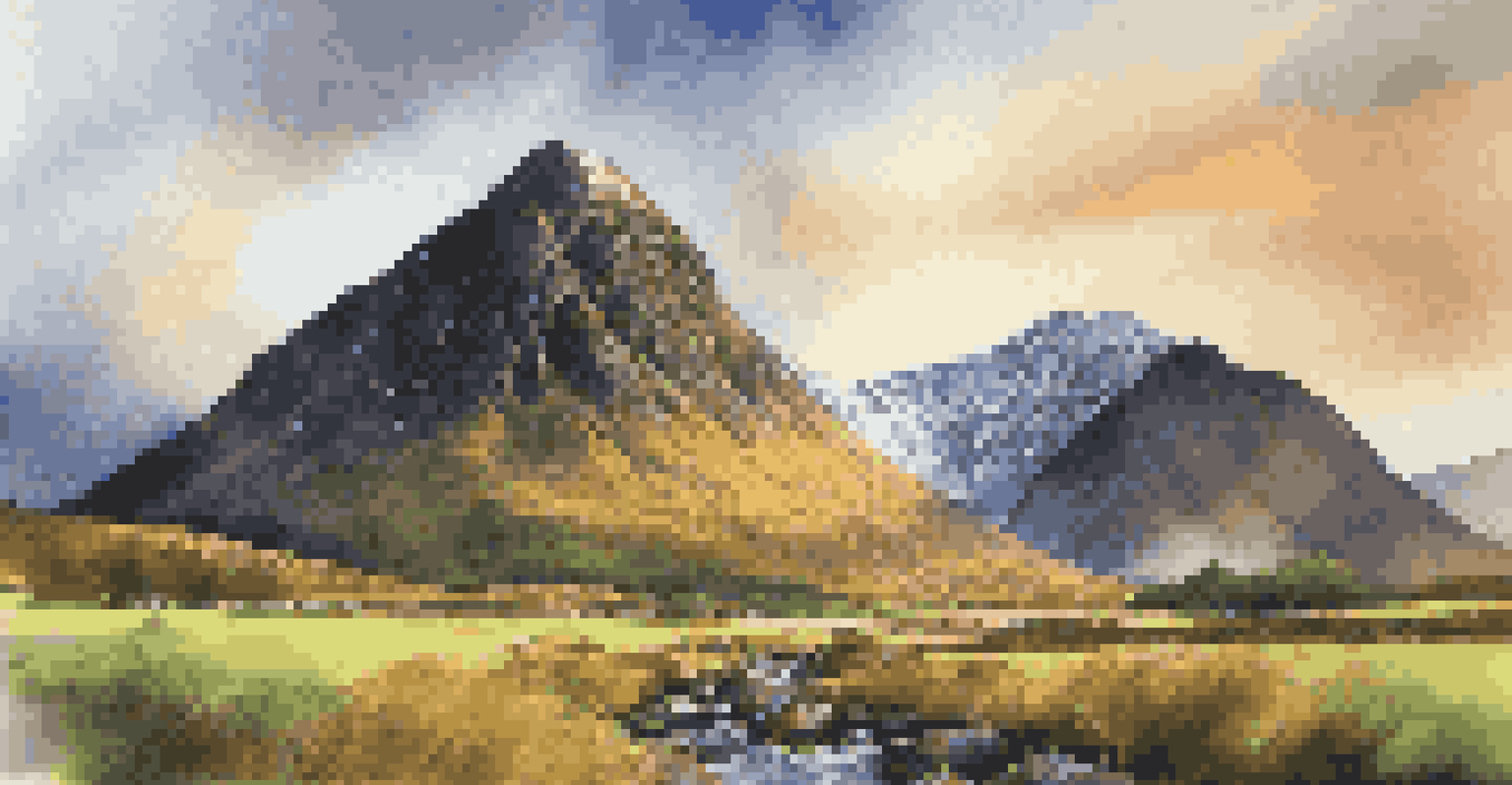 A stunning view of Buachaille Etive Mòr mountain in Glencoe Valley during golden hour, highlighting the green landscape and dramatic skies.