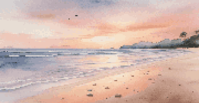 A tranquil beach at sunrise, featuring golden sands and gentle waves under a pink and orange sky.