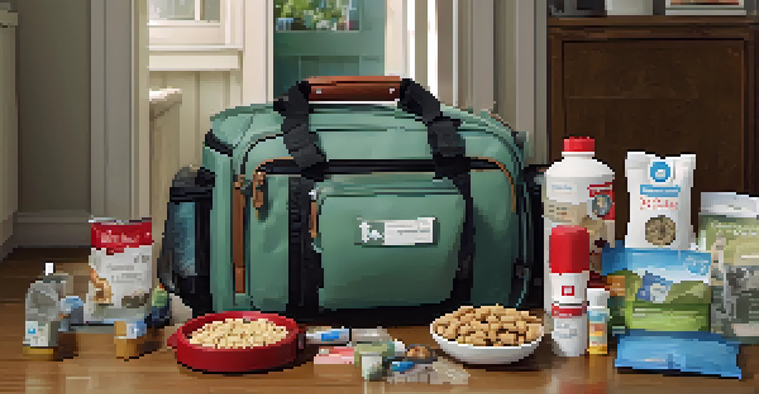 A travel bag filled with pet essentials like a first aid kit, bowls, and snacks, with a collar on top.