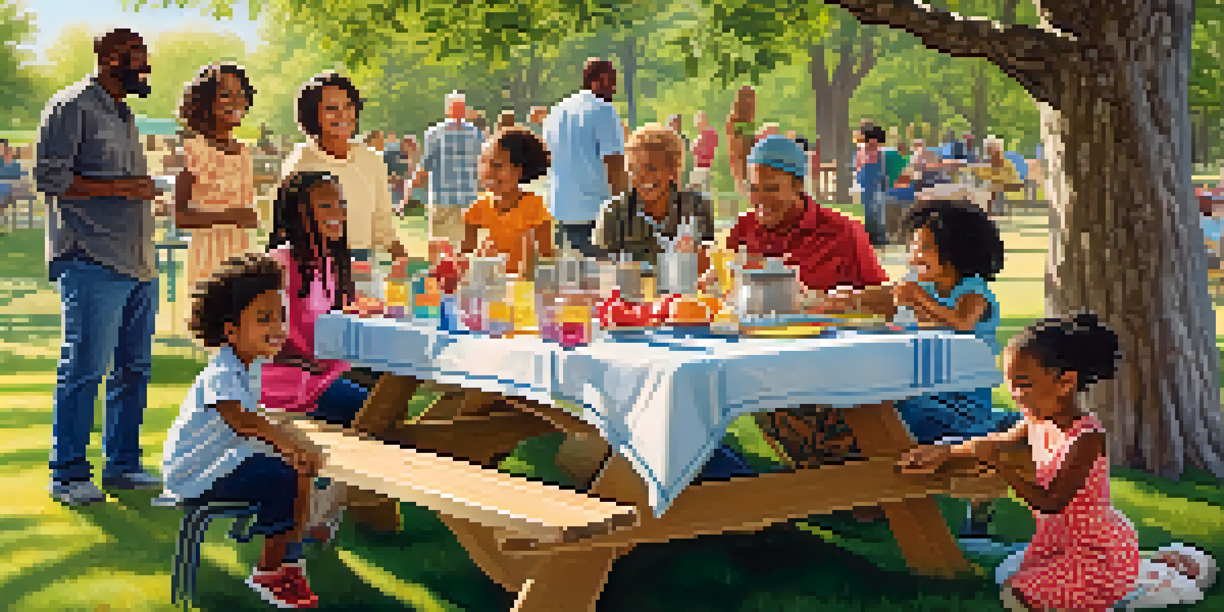 A lively family reunion in a sunny park with people enjoying a picnic and children playing.