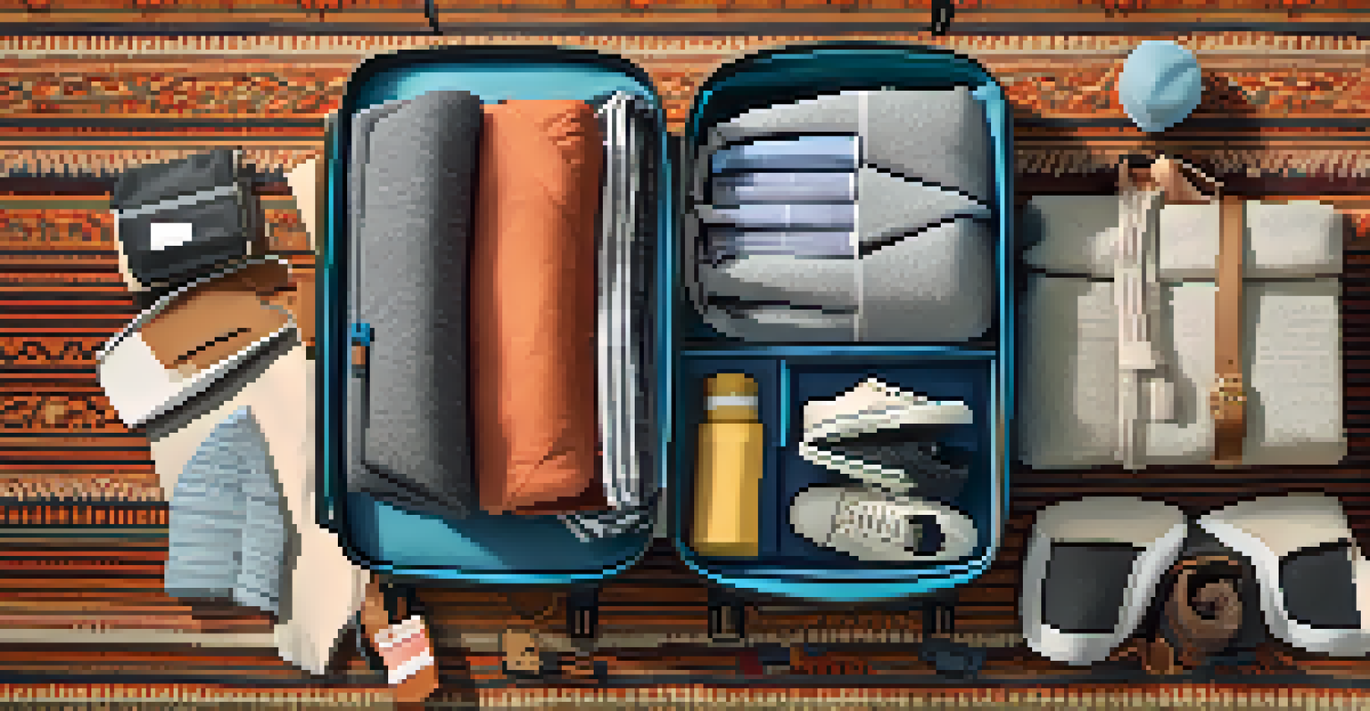 An open suitcase showing rolled clothes, packing cubes, and shoes filled with smaller items, all organized for efficient packing.