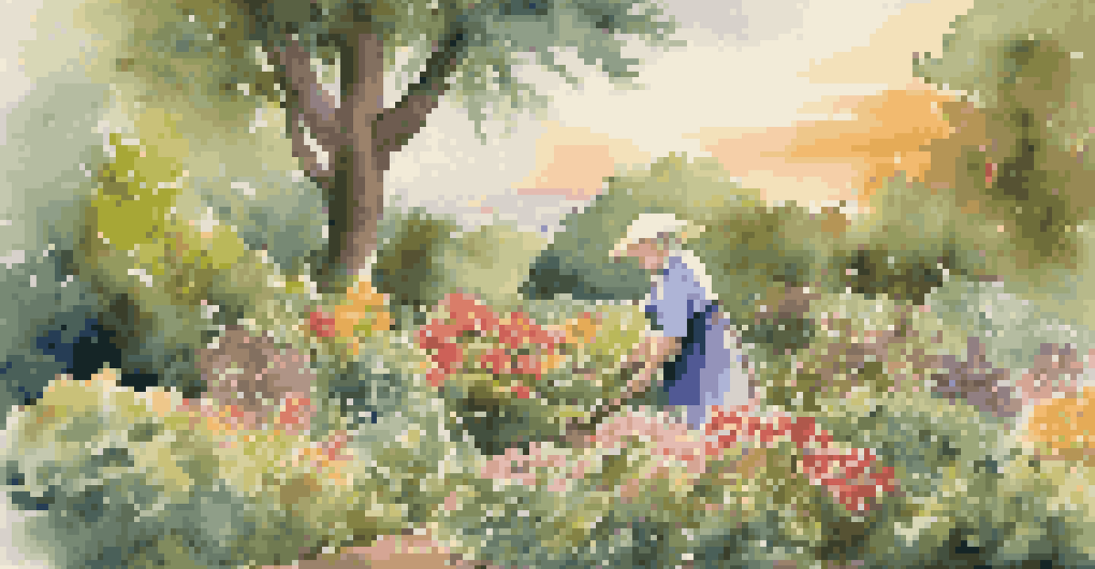 An elder woman gardening at sunset, surrounded by colorful flowers and greenery.
