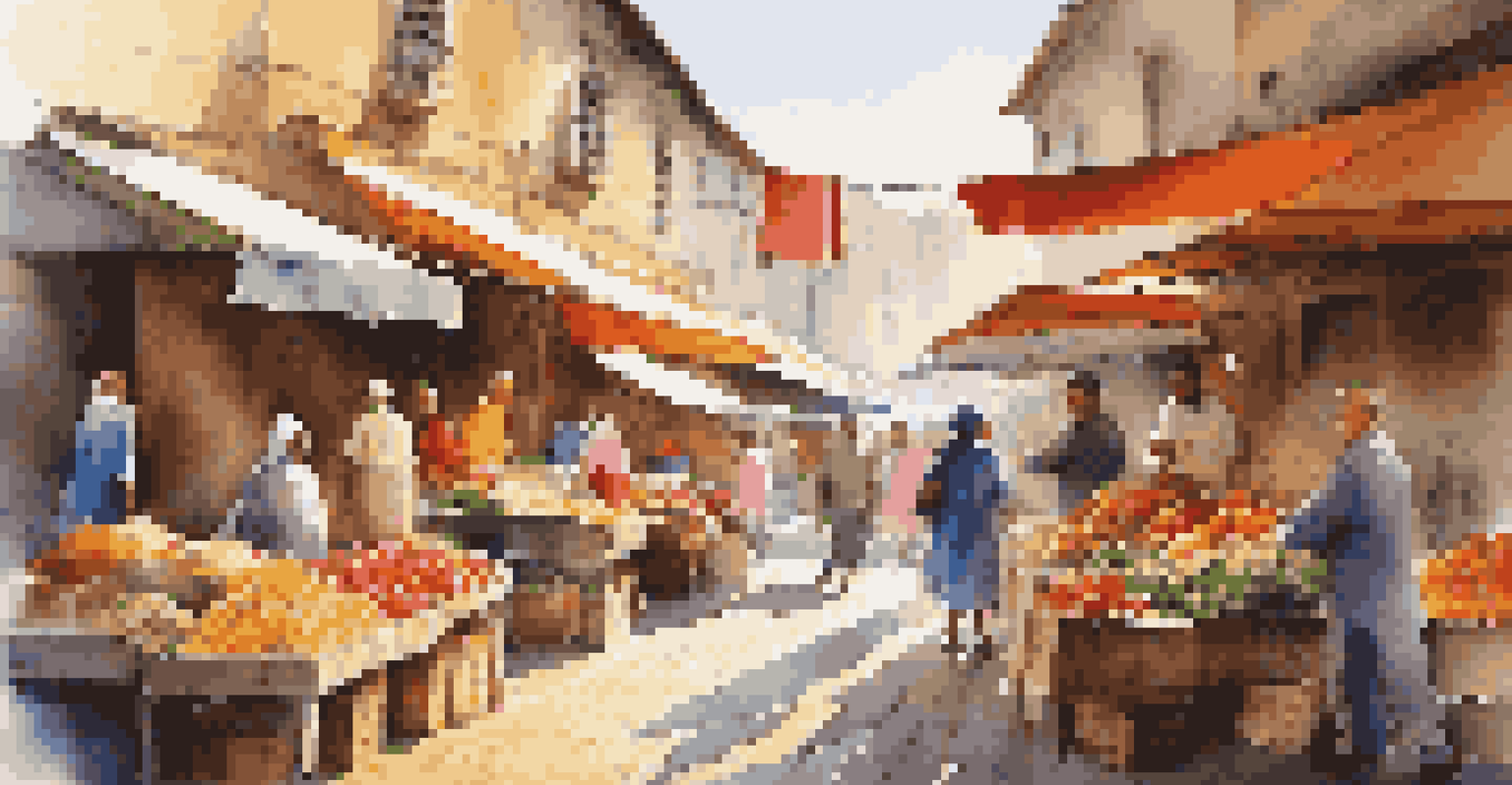 A lively street market with colorful stalls, fresh produce, and people interacting under natural light.