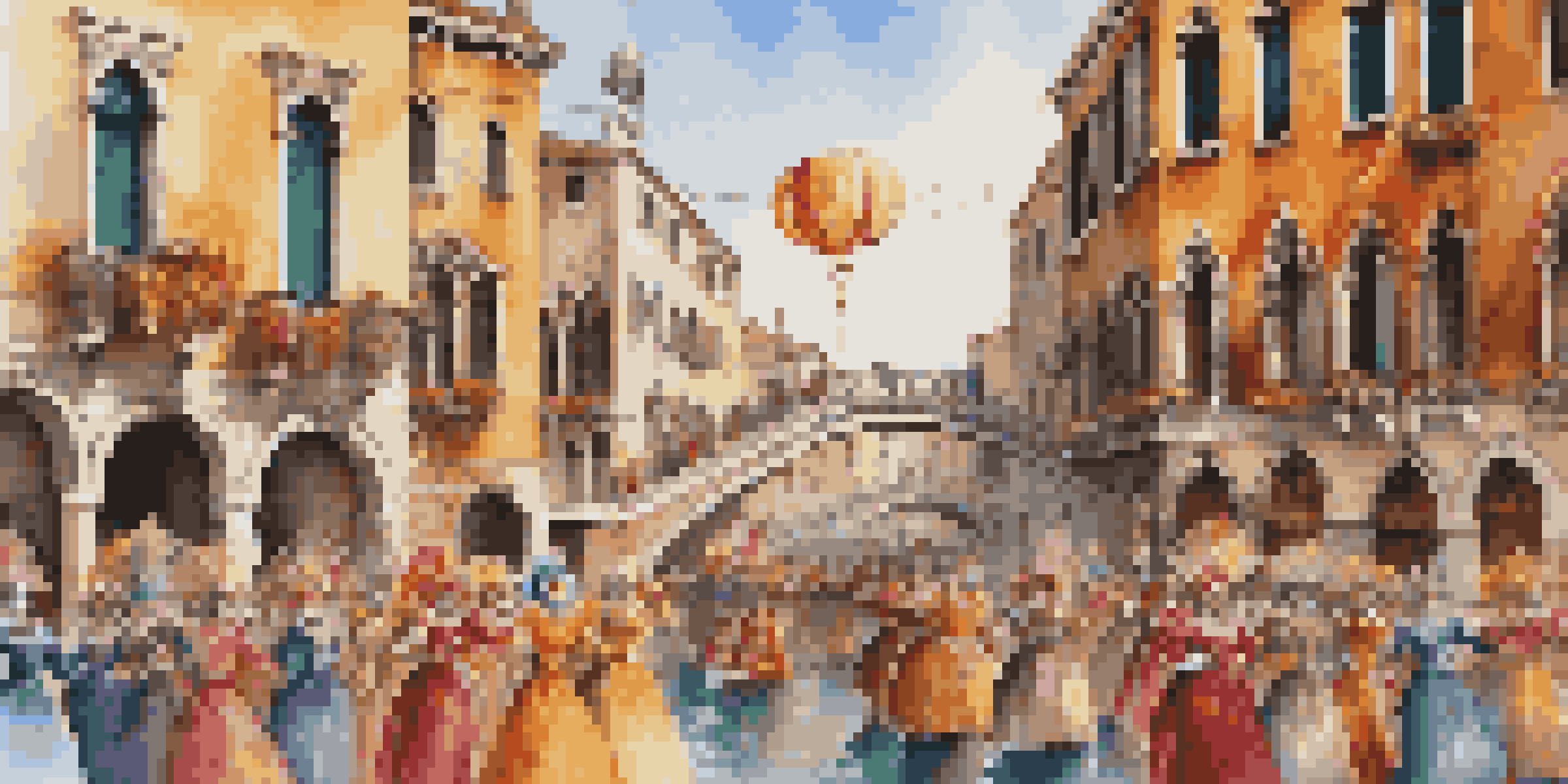 A lively street scene from the Venice Carnival with people in colorful costumes and masks against a backdrop of historic buildings.
