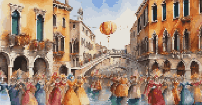 A lively street scene from the Venice Carnival with people in colorful costumes and masks against a backdrop of historic buildings.