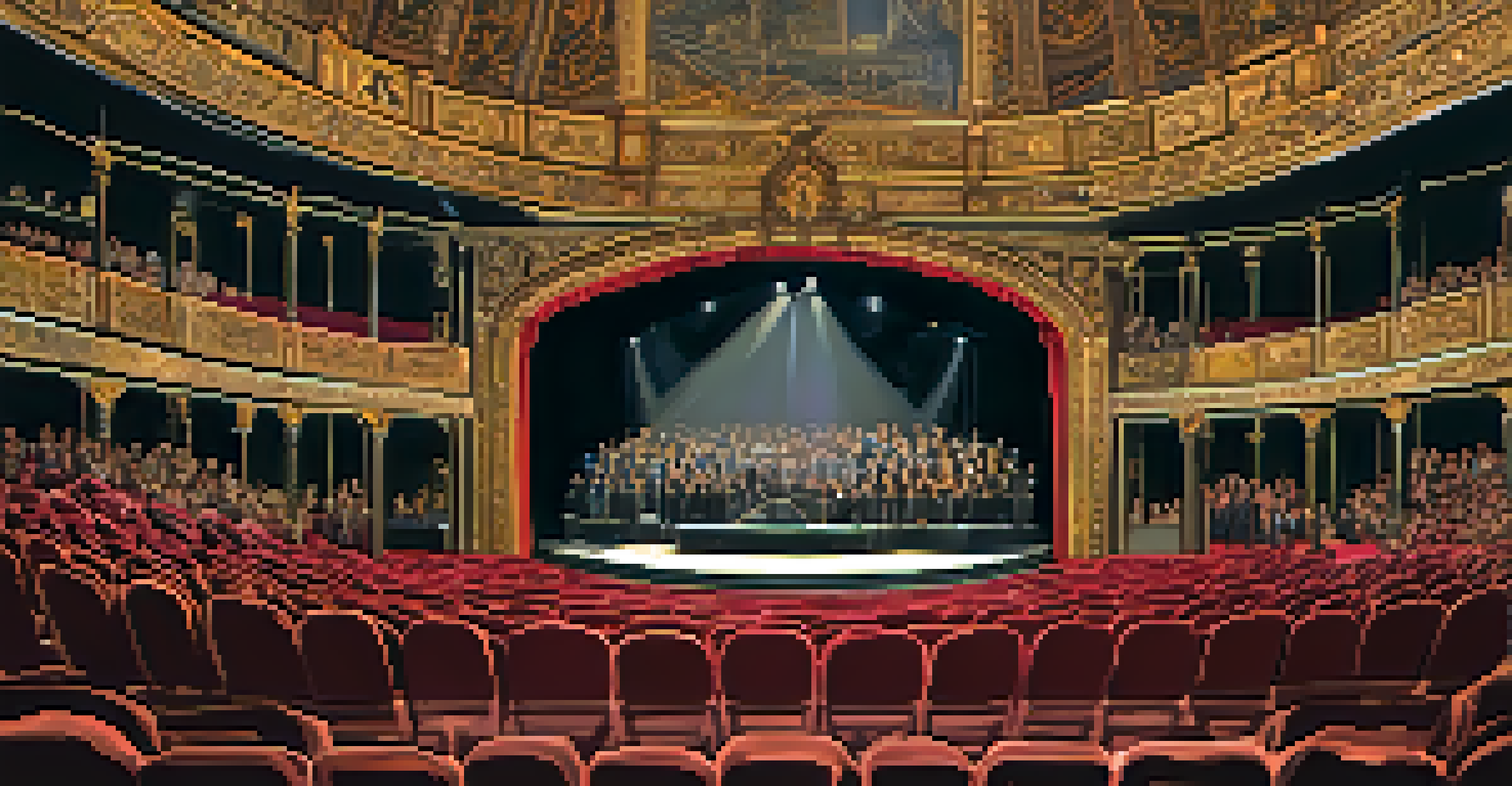 An indoor theatre filled with an engaged audience watching a performance at the Edinburgh Festival, with beautiful stage lighting.