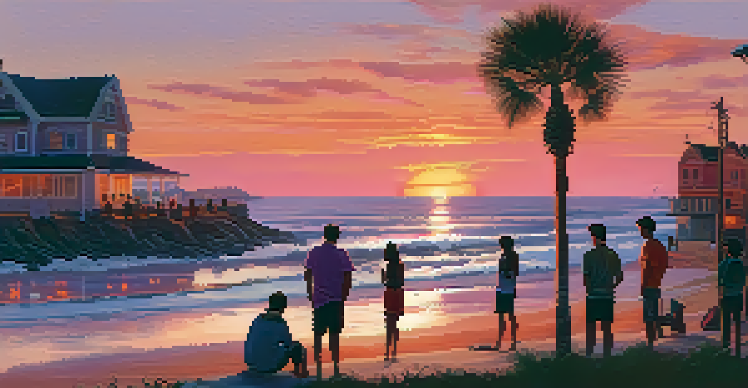 A group of students admiring a sunset over a coastal town with traditional houses.