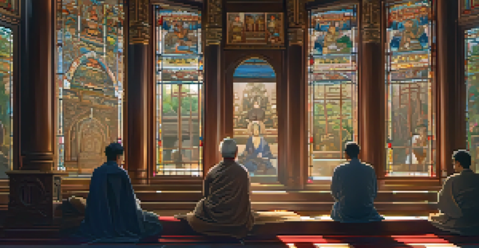 An interior view of a peaceful temple with sunlight shining through stained glass, illuminating detailed carvings, and visitors in modest attire.