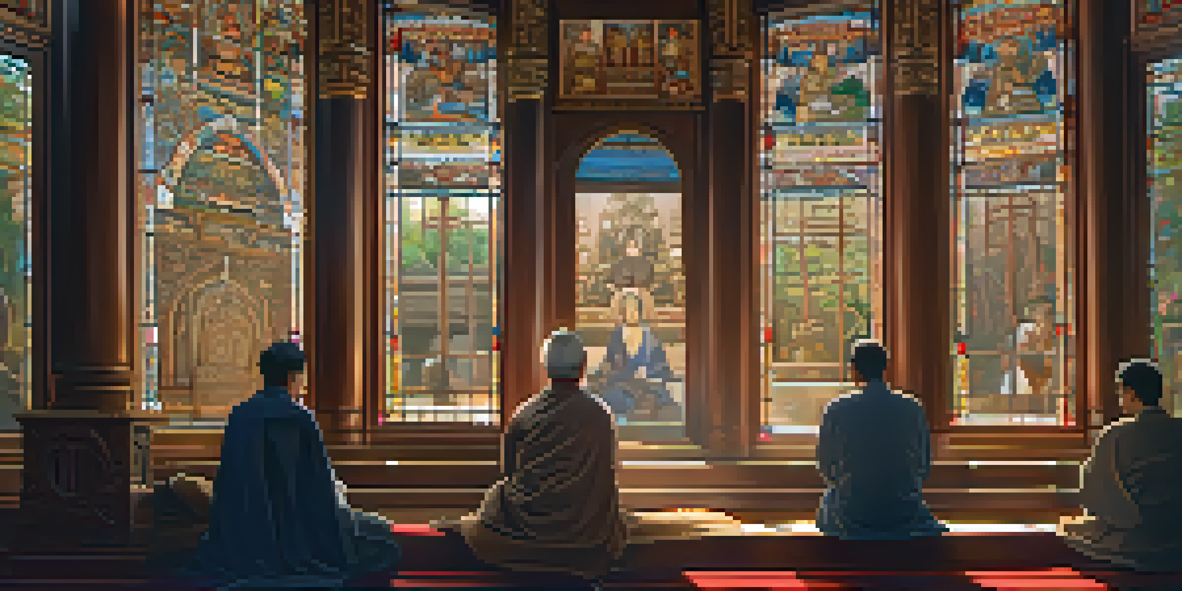 An interior view of a peaceful temple with sunlight shining through stained glass, illuminating detailed carvings, and visitors in modest attire.