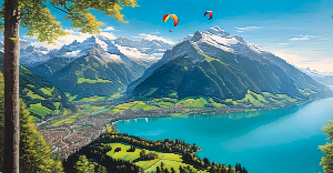 Aerial view of Interlaken, Switzerland, with a paraglider flying over turquoise lakes and the Alps in the background.