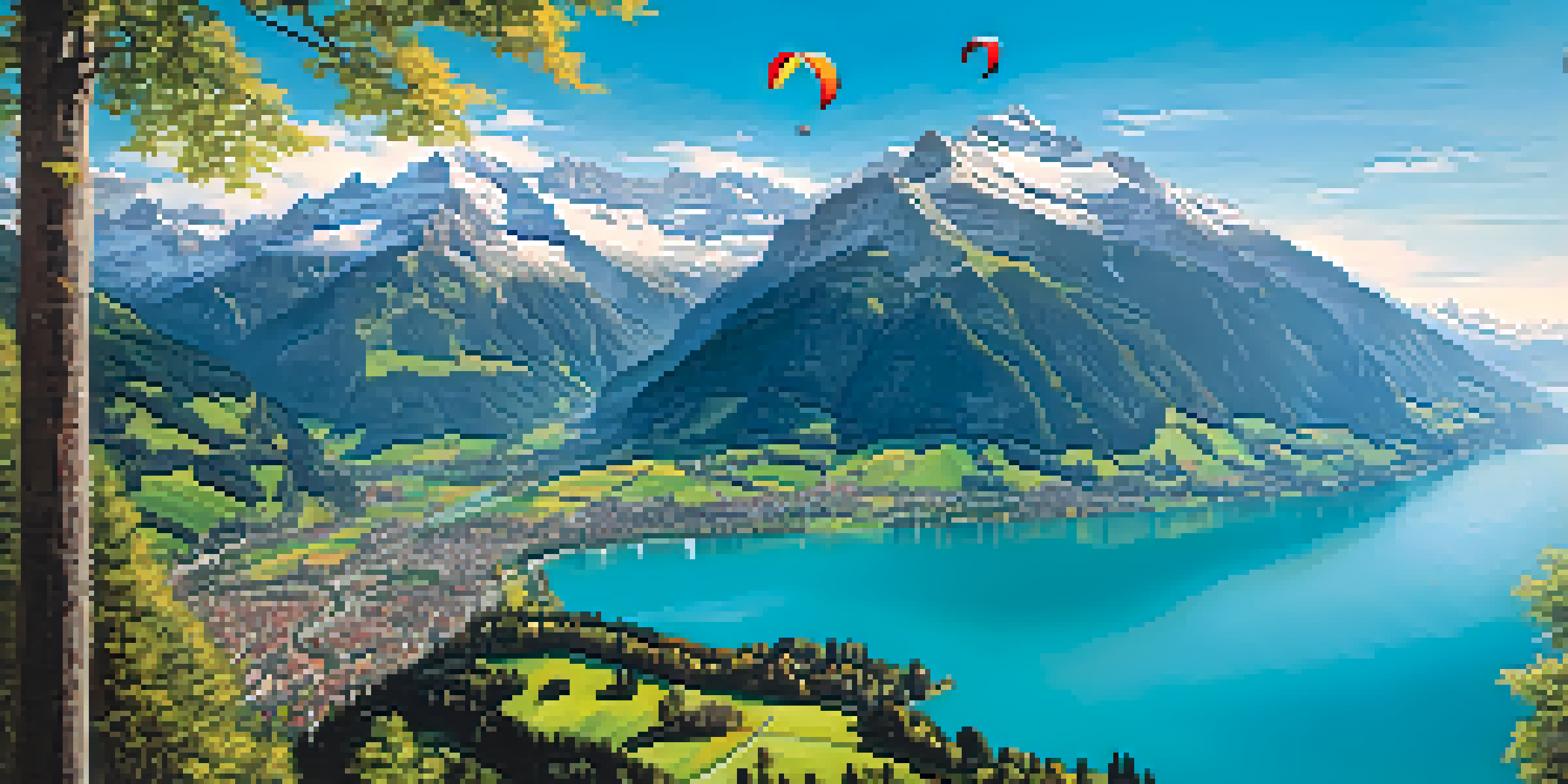 Aerial view of Interlaken, Switzerland, with a paraglider flying over turquoise lakes and the Alps in the background.
