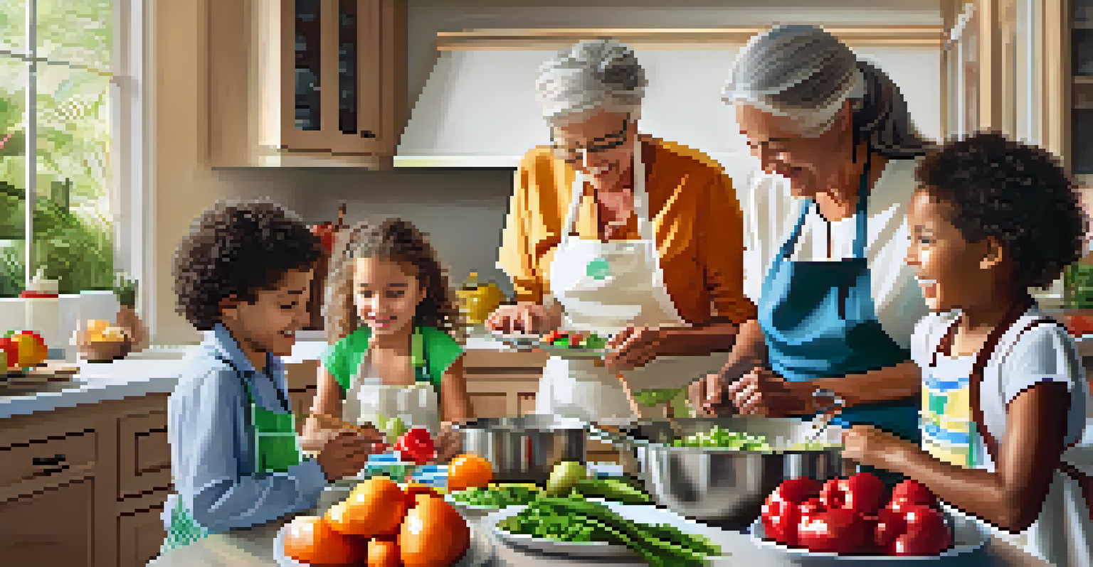 A multi-generational family participating in a cooking class at a bright and airy luxury resort kitchen, enjoying time together.