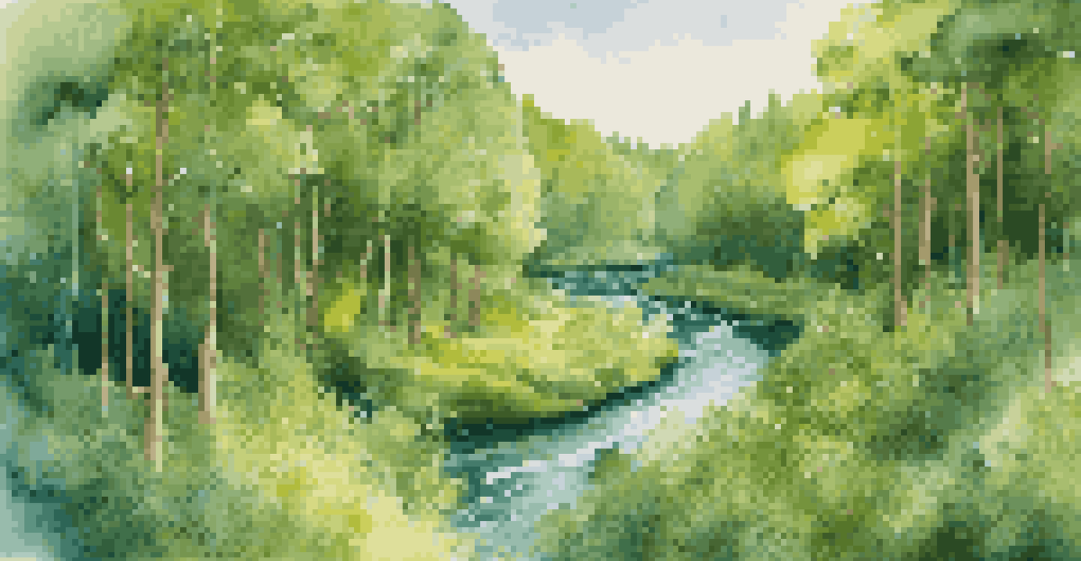 An aerial view of a lush green forest with a winding river and blooming wildflowers.