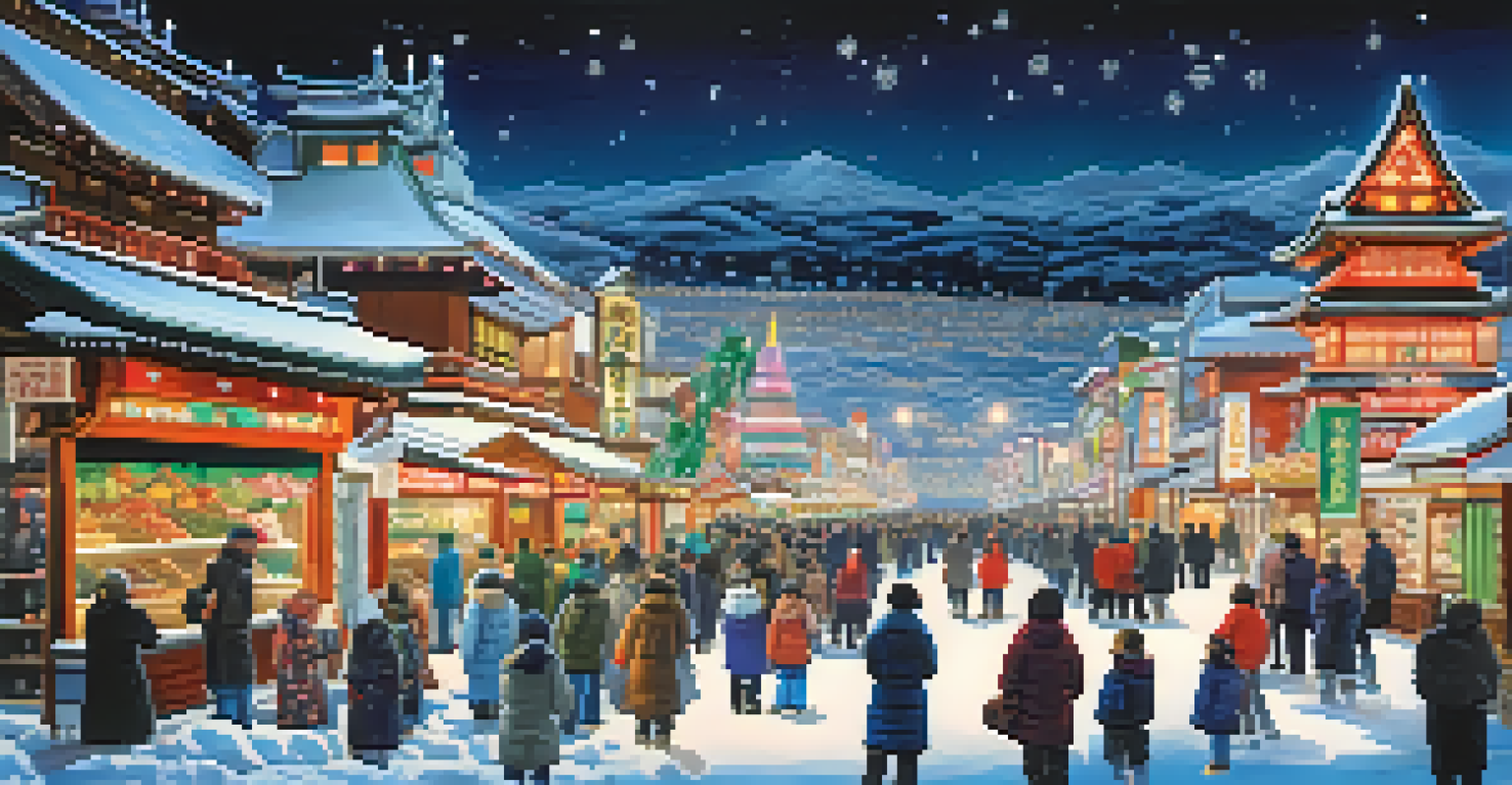 A magical winter festival scene in Sapporo, Japan, showcasing illuminated snow sculptures and visitors enjoying the festivities.