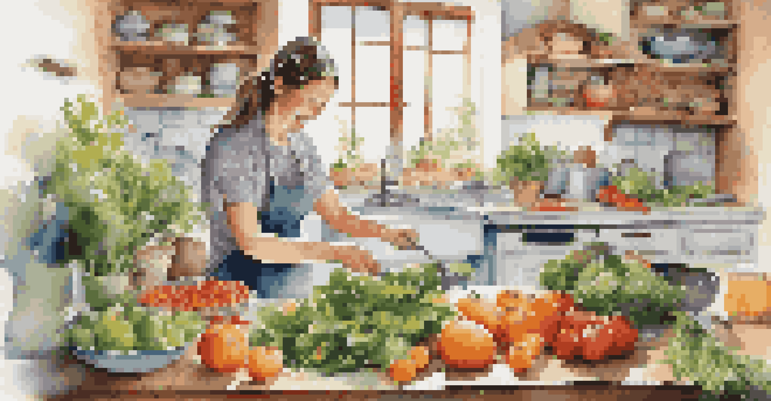 A bright kitchen with a person preparing a meal using fresh ingredients, showcasing a joyful cooking experience.