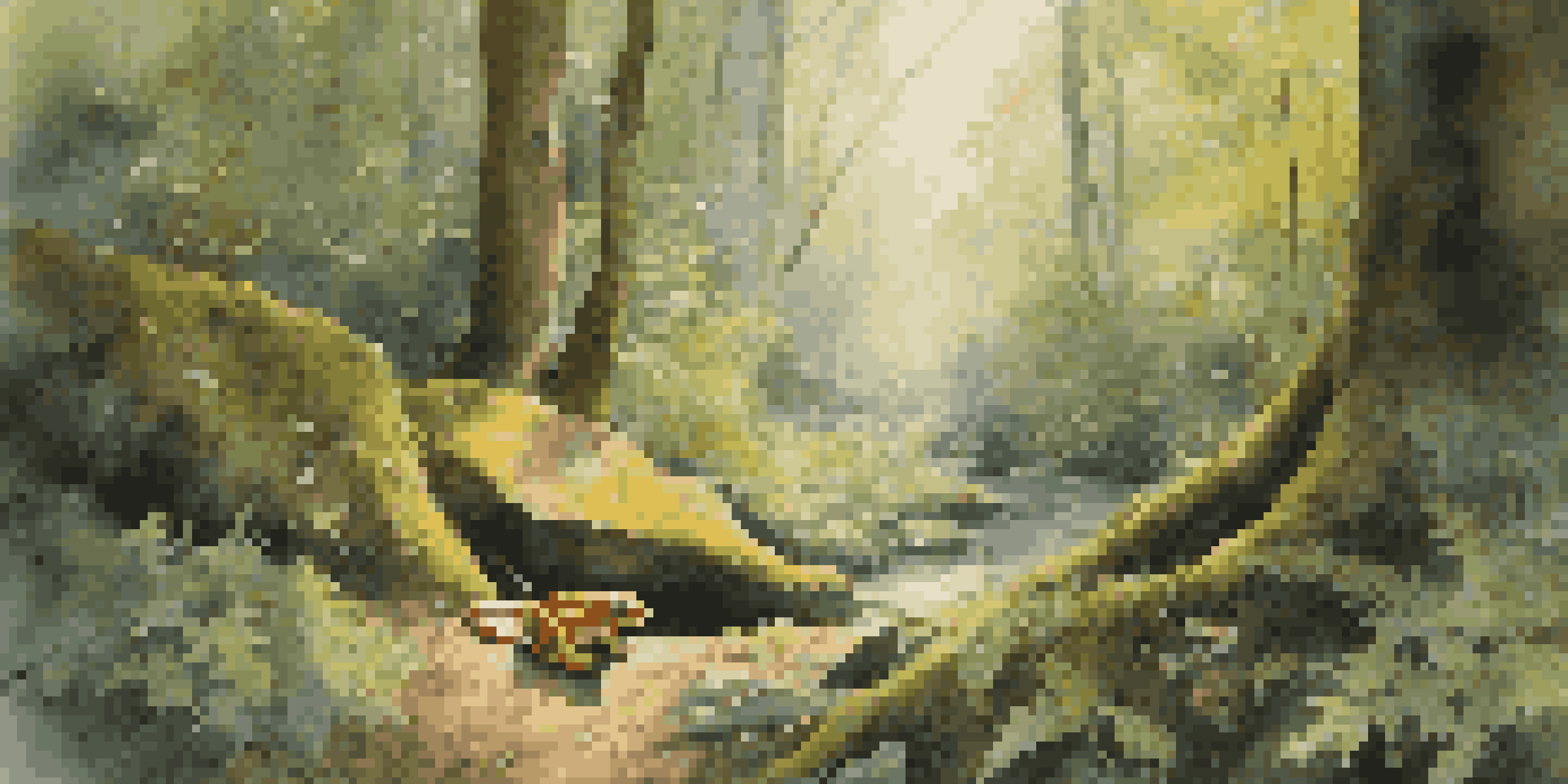 A peaceful forest scene featuring tall trees and colorful wildflowers, with a golden toad sitting on a rock, illuminated by soft sunlight.