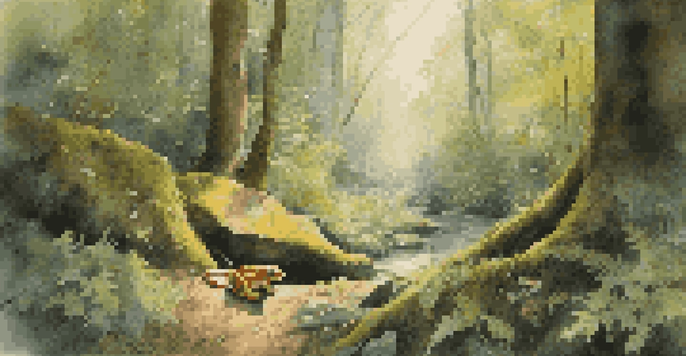 A peaceful forest scene featuring tall trees and colorful wildflowers, with a golden toad sitting on a rock, illuminated by soft sunlight.