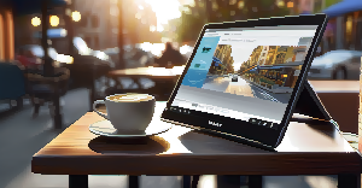 A portable Wi-Fi hotspot device on a cafe table with a laptop and coffee cup, with a sunny street view in the background.