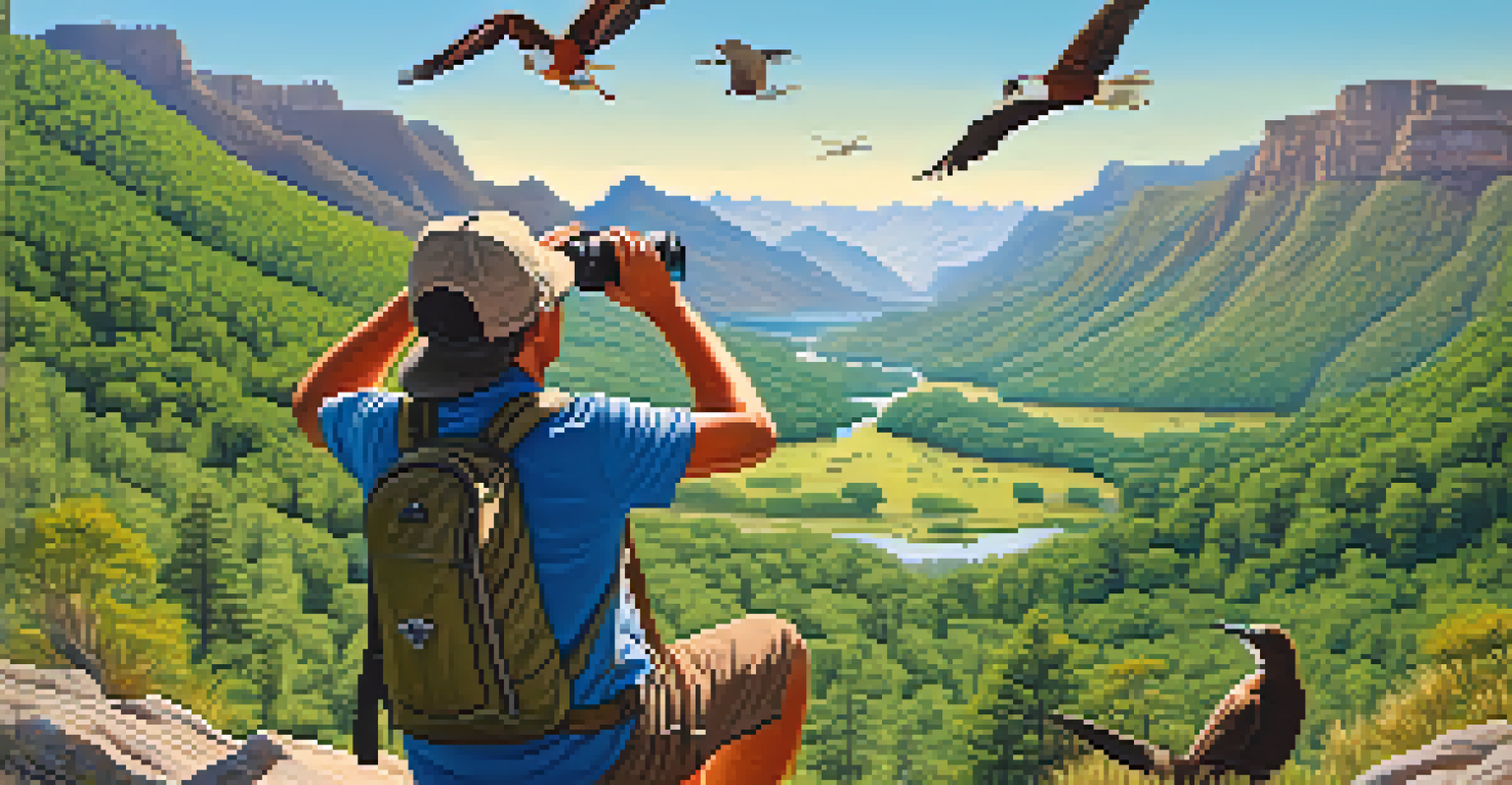 A traveler observing wildlife in a national park, surrounded by lush greenery, mountains, and birds in a clear blue sky.