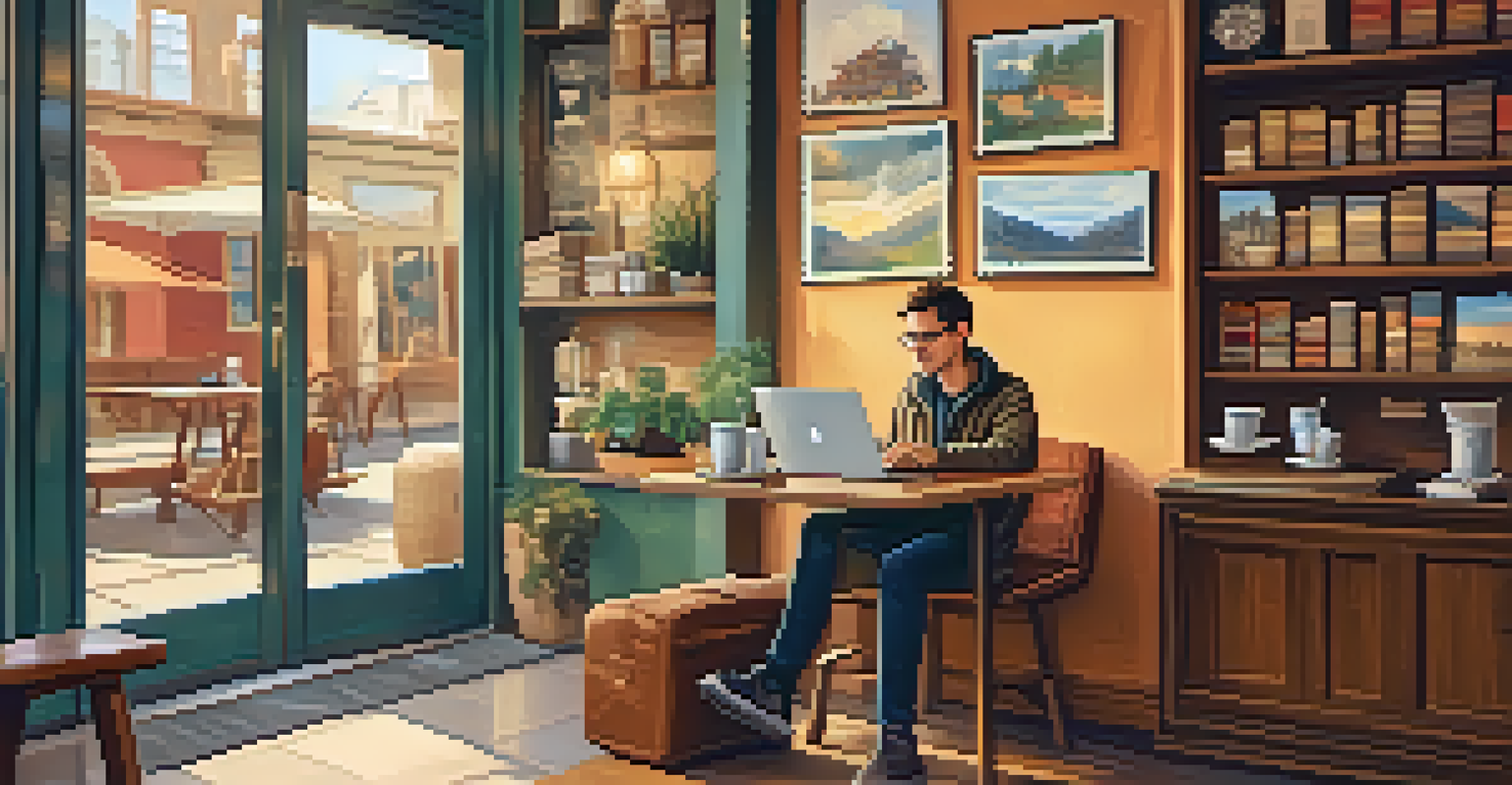 A traveler in a coffee shop using a laptop to interact with a travel bot.
