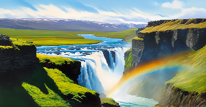 A stunning view of Gullfoss Falls in Iceland with a rainbow and lush greenery.