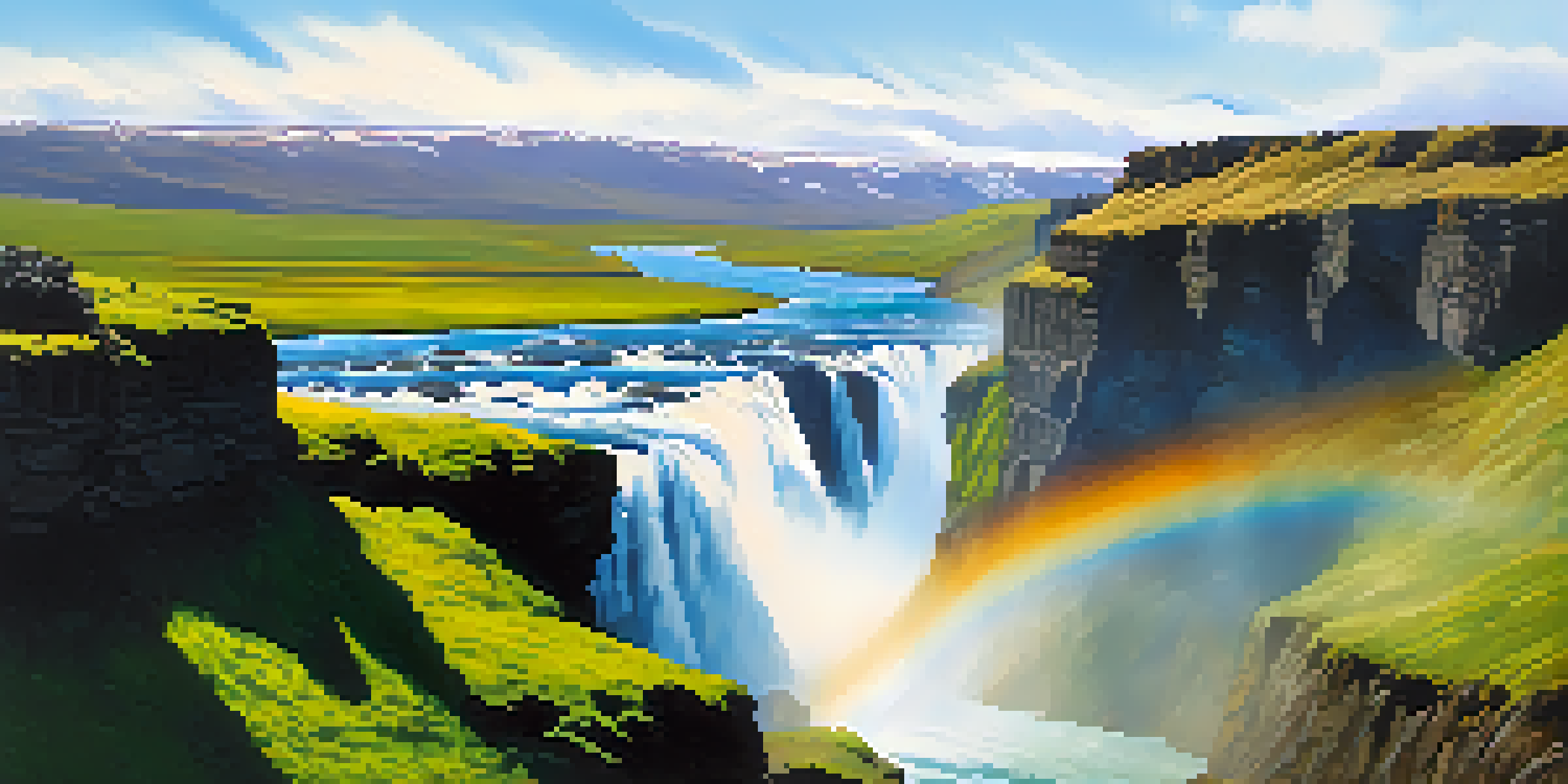A stunning view of Gullfoss Falls in Iceland with a rainbow and lush greenery.
