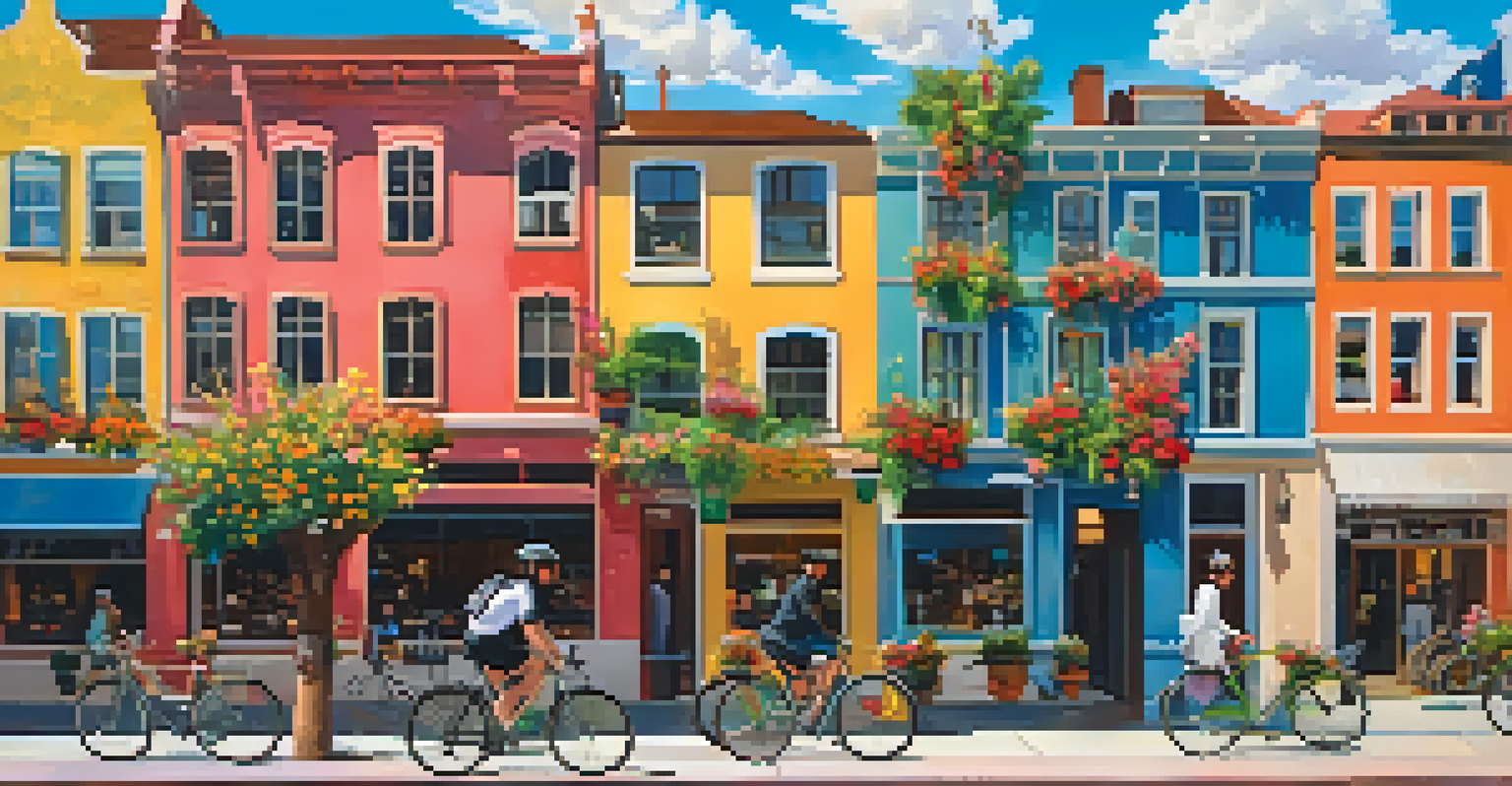 A traveler cycling through a colorful cityscape on a sunny day, surrounded by flowers and vibrant buildings.