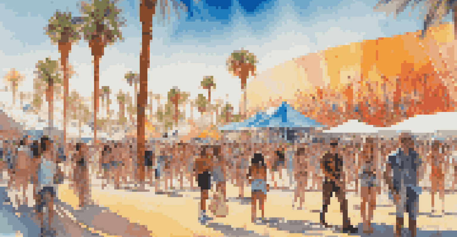 A bright scene at Coachella with stylish attendees in front of art installations and musicians performing under palm trees.