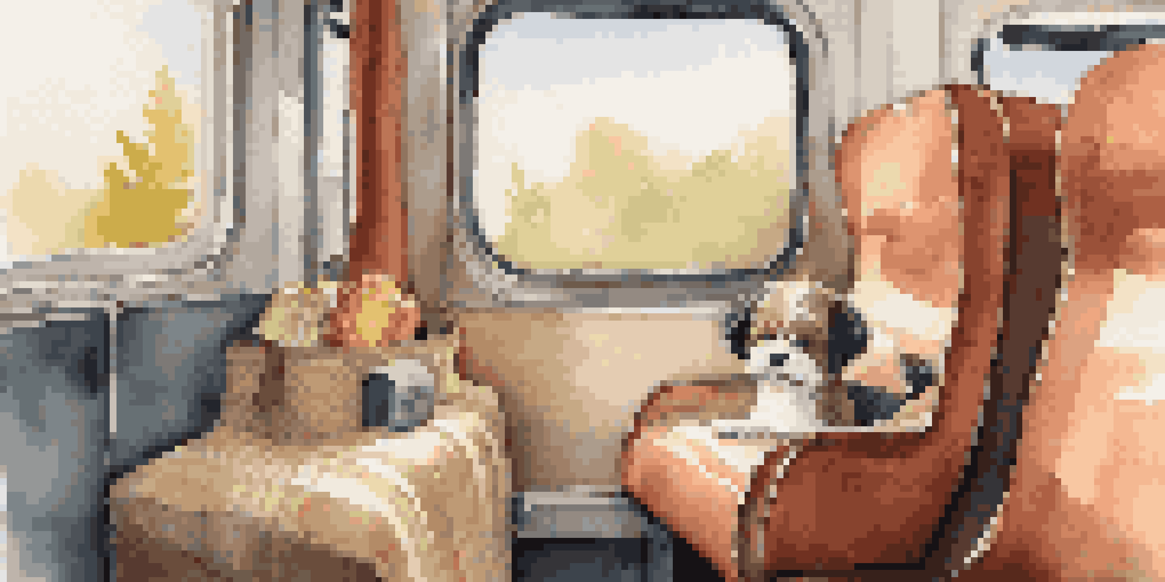 A small dog resting in a pet carrier inside a cozy train with natural light and warm-colored upholstery.