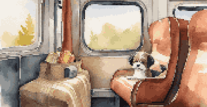 A small dog resting in a pet carrier inside a cozy train with natural light and warm-colored upholstery.