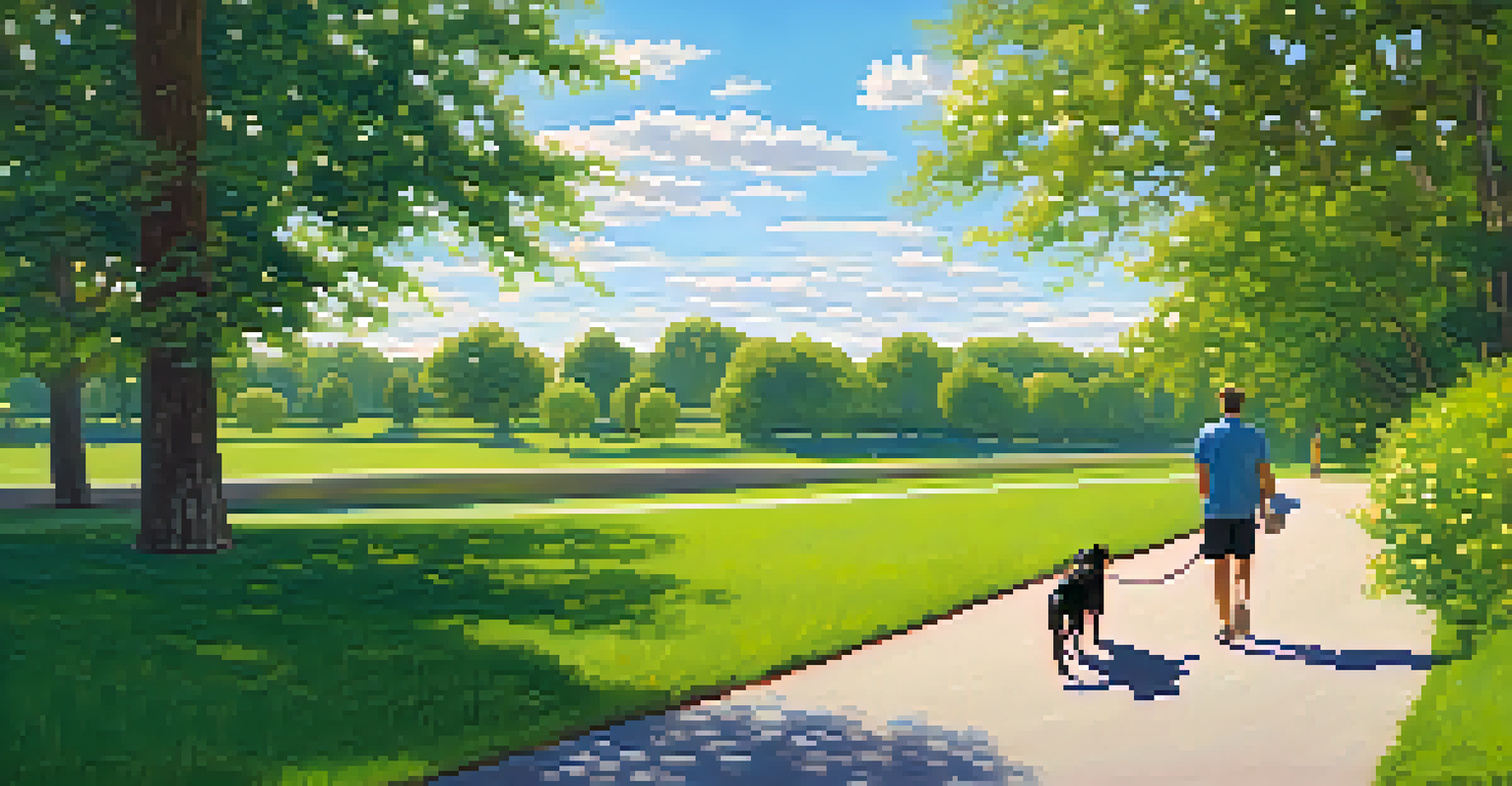 A pet owner walking their dog in a green park during a road trip break, both enjoying the clear weather.