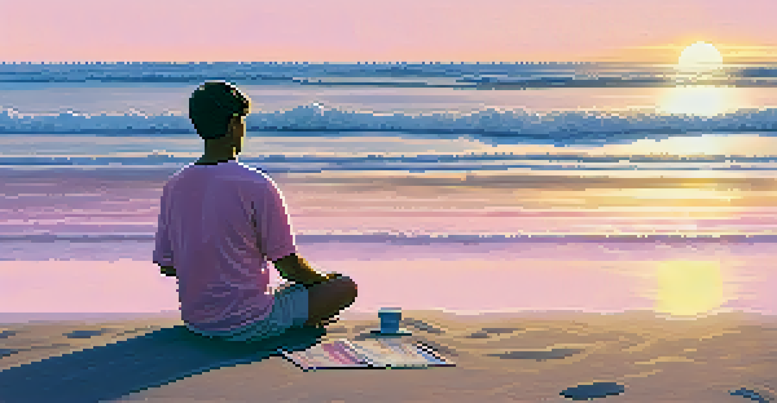 A person meditating on the beach at sunrise, surrounded by the calming colors of the ocean and sky.