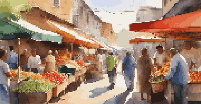 A lively market filled with various fruits and vegetables, with vendors engaging with customers under natural sunlight.