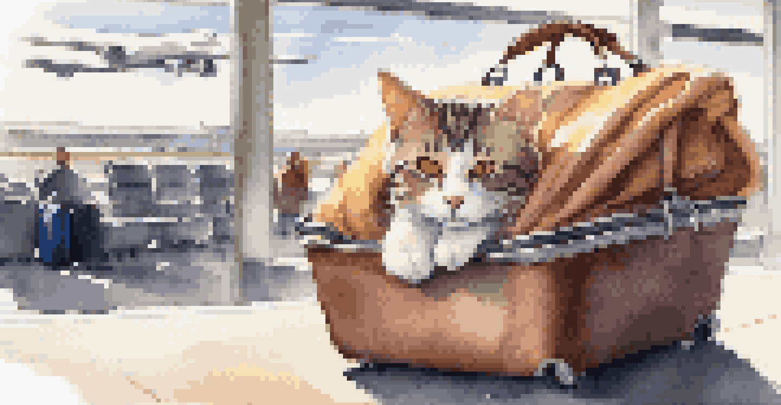 A cat in a pet carrier with a blanket, resting in an airport terminal filled with travelers.