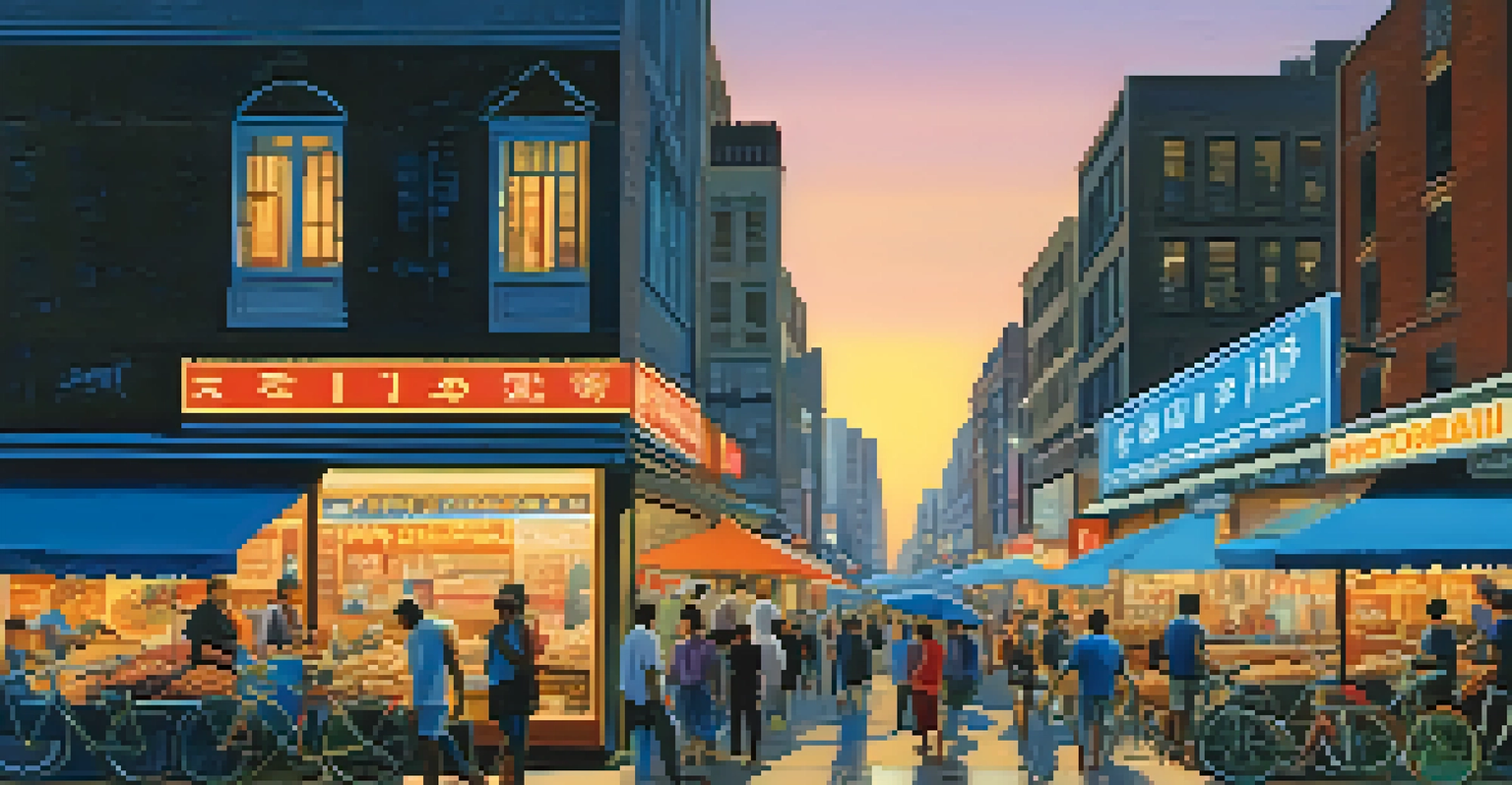 A busy urban street at twilight with pedestrians, neon signs, and food vendors.
