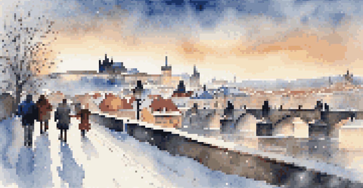 Winter view of Prague with snow-covered Charles Bridge and Christmas tree in Old Town Square.