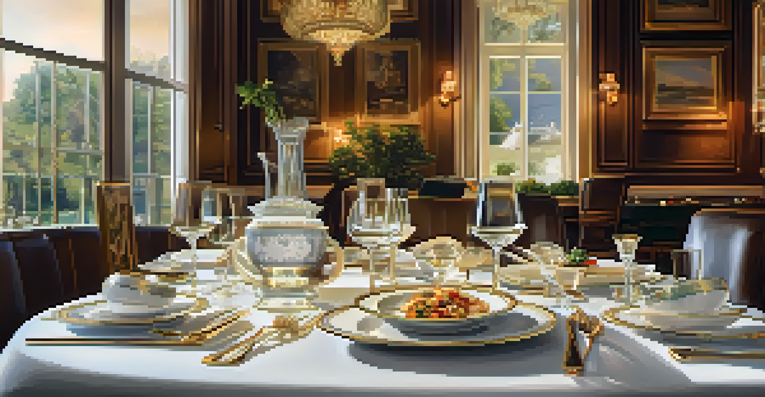 A beautifully arranged dining table with fine china and a delicious meal, accompanied by travel rewards cards in the background.