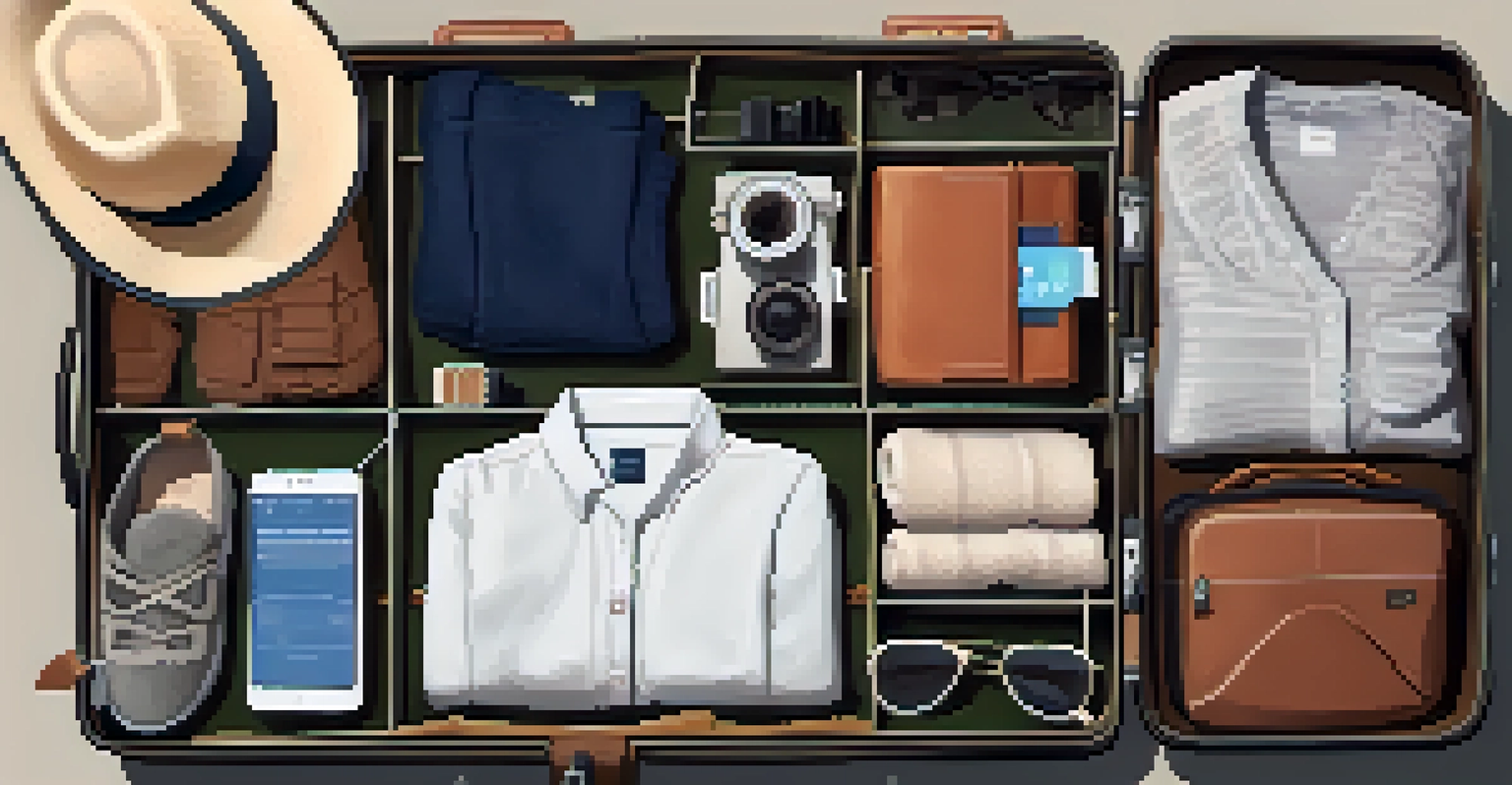 An overhead view of a suitcase filled with rolled clothes and packing cubes, alongside a travel checklist, all illuminated by warm light.