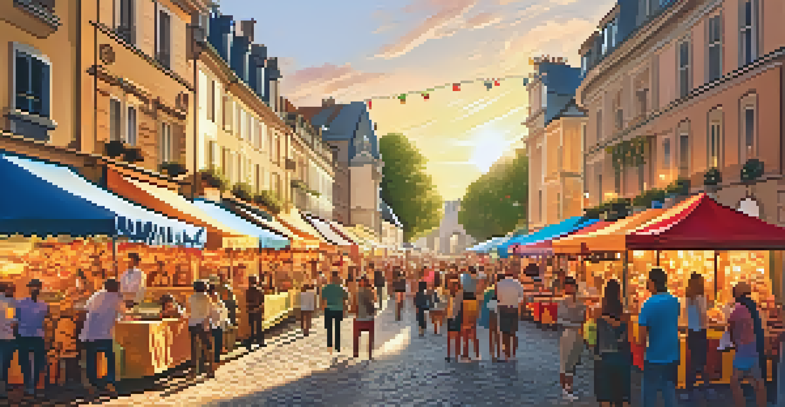 A lively street festival in a European city with colorful stalls and happy people enjoying the atmosphere during sunset.