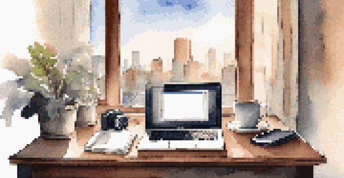 A cozy hotel room workspace with a laptop, coffee cup, city view, and soft lighting.