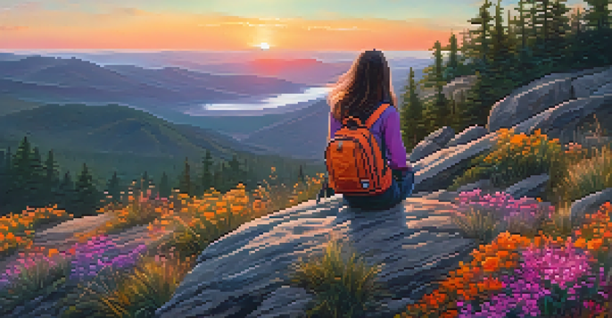 A traveler stands on a cliff at sunset, looking out over a colorful sky filled with orange, pink, and purple hues, with wildflowers in the foreground.