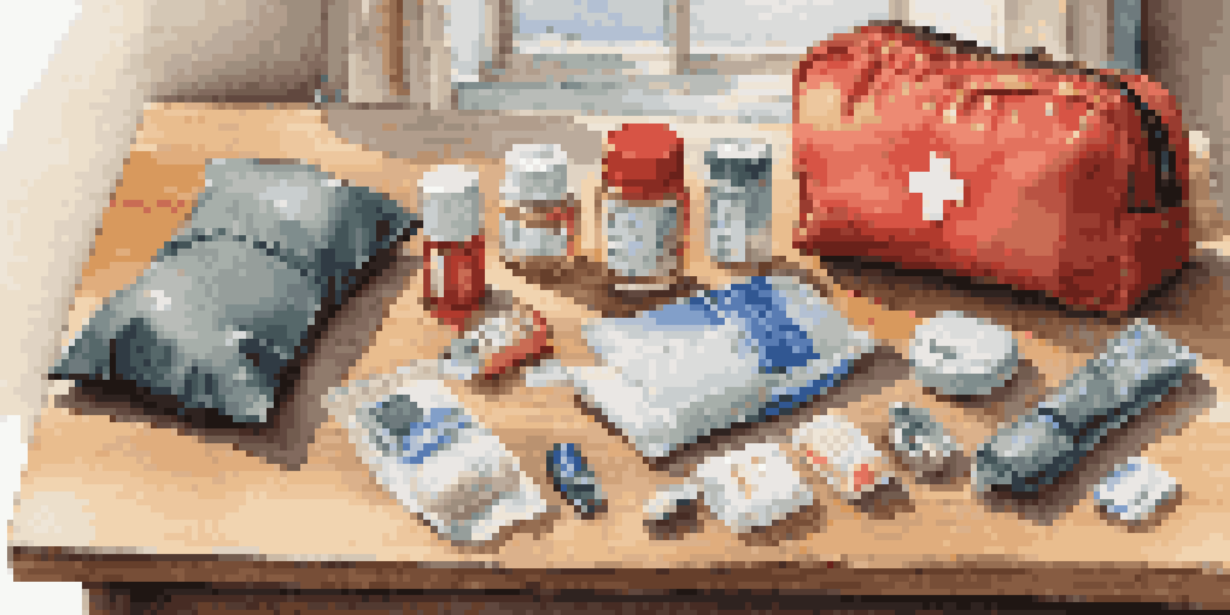 A travel emergency kit with medications, a phone charger, a first-aid kit, and comfort items on a wooden table, illuminated by soft natural light.