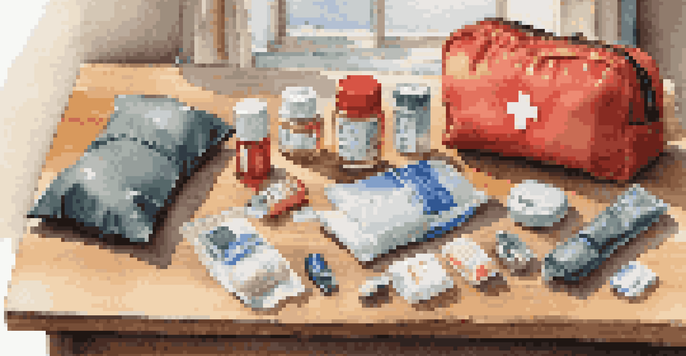 A travel emergency kit with medications, a phone charger, a first-aid kit, and comfort items on a wooden table, illuminated by soft natural light.