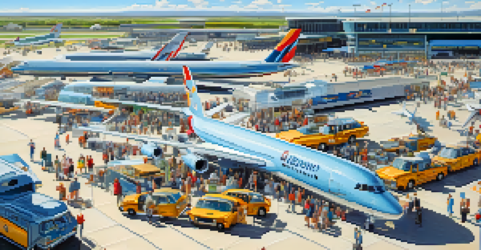 An aerial perspective of a busy airport terminal with travelers and colorful luggage carts.