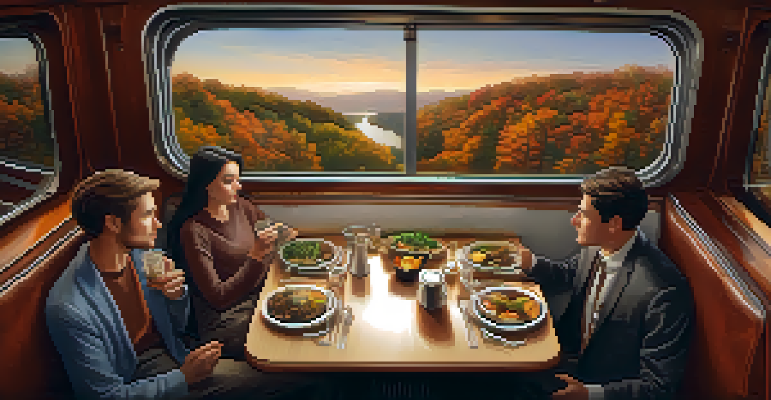 An inviting dining car of a train where passengers are enjoying their meals quietly, with scenic views and a warm wooden interior.
