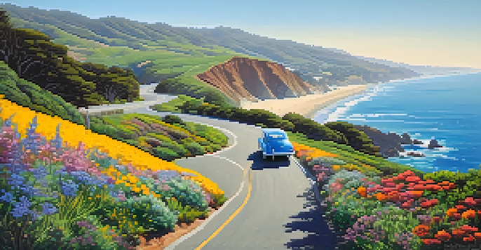 A scenic view of the Pacific Coast Highway with wildflowers, ocean, and a vintage car symbolizing a vegan road trip.