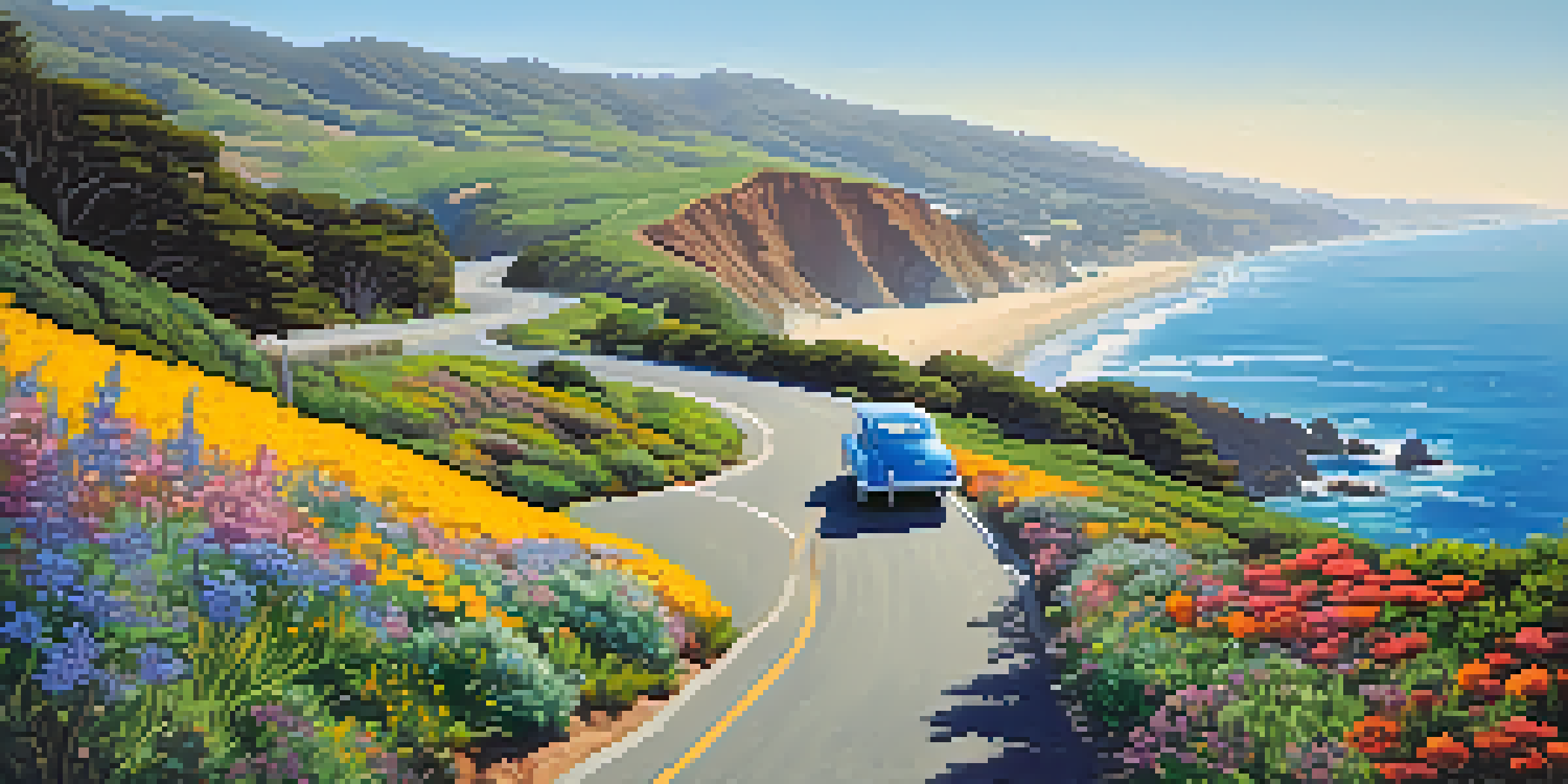 A scenic view of the Pacific Coast Highway with wildflowers, ocean, and a vintage car symbolizing a vegan road trip.