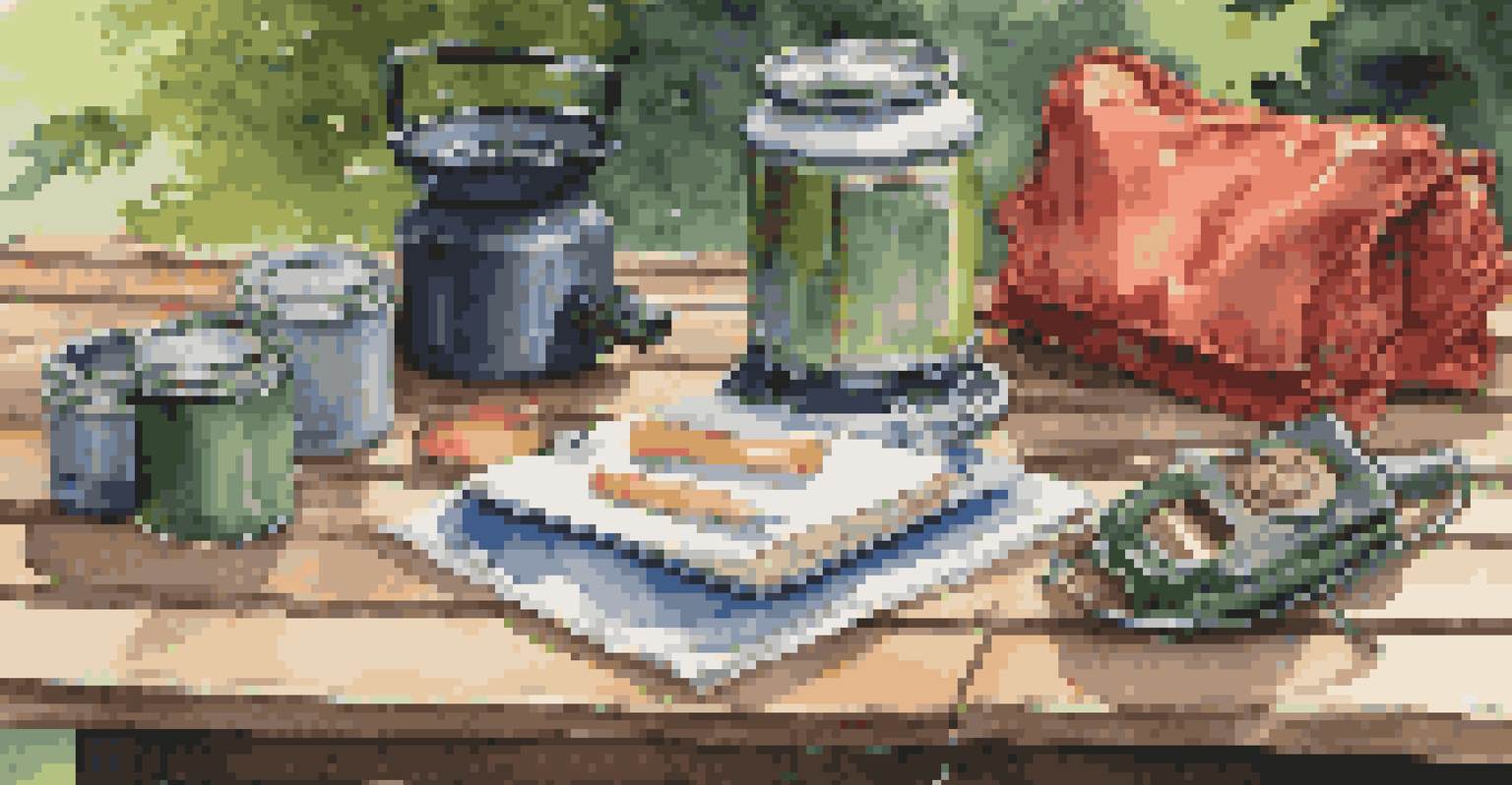 A close-up of camping gear including a waterproof jacket and stove on a picnic table in a forest.