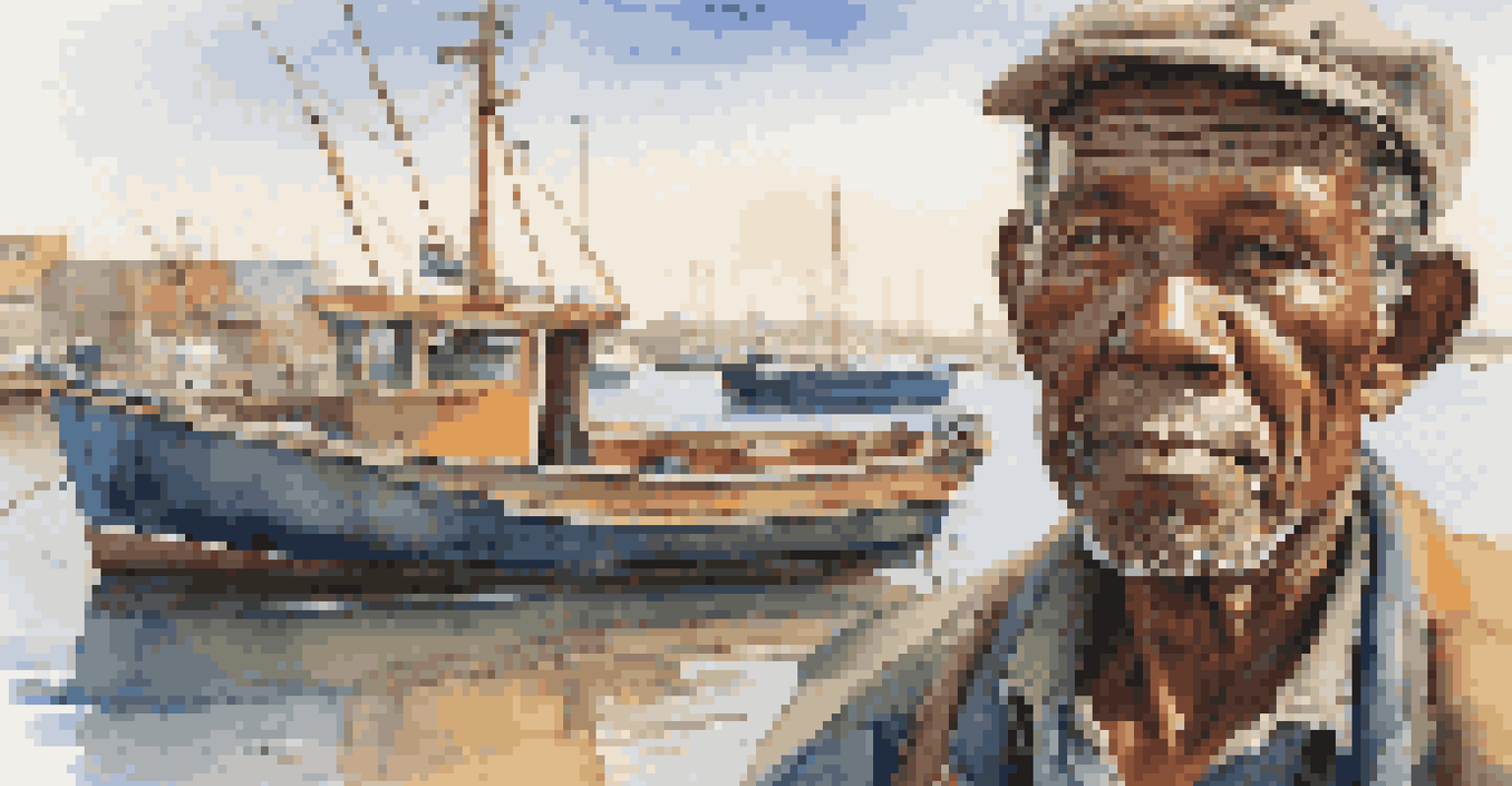 A portrait of a fisherman by his boat in a busy harbor during early morning light.